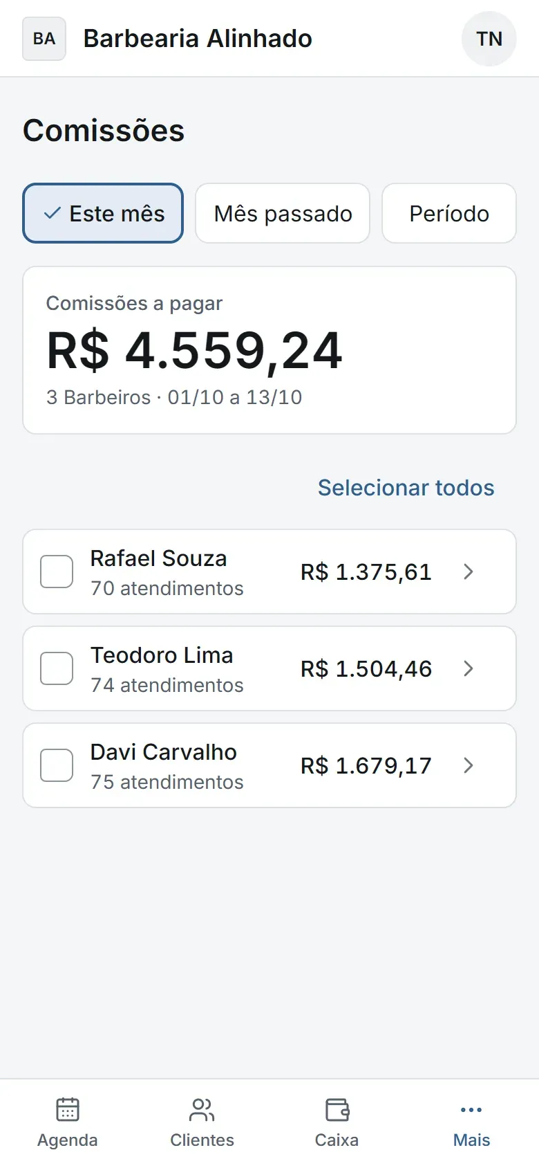 Lista de comissões a pagar por barbeiro