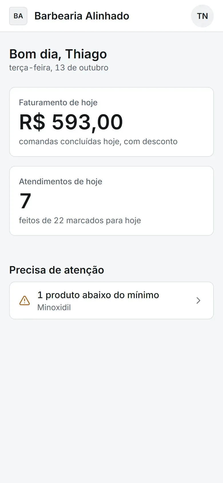 Início do dono no celular, com faturamento do dia e o bloco Precisa de atenção