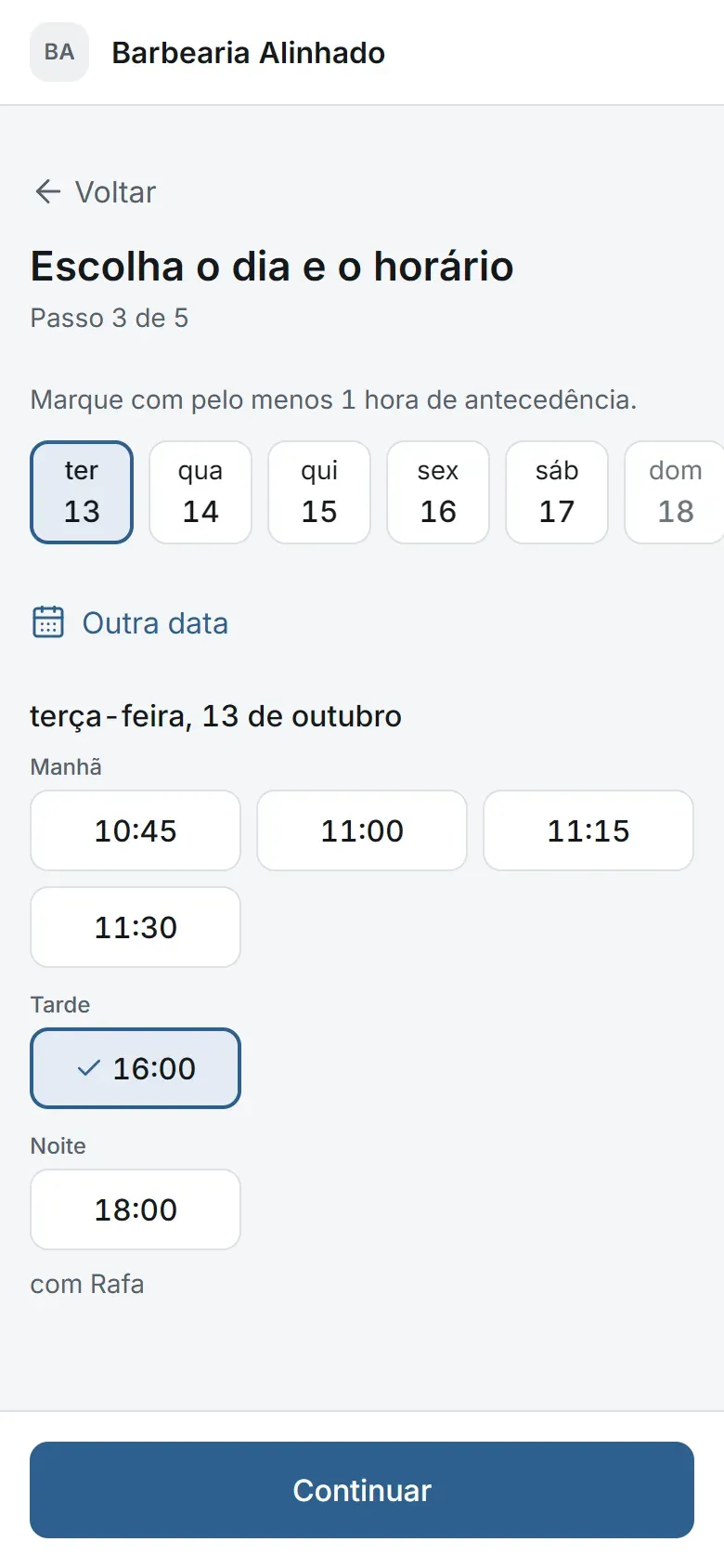 Passo de escolha de horário no link de agendamento do cliente